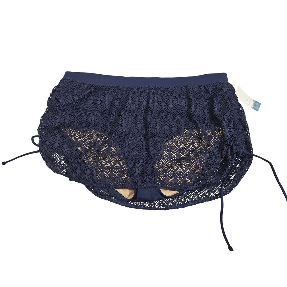 Cacique Swim Skirt Womens 16 Navy Blue Crochet Lace Ruched Side Tie Coverup NWT